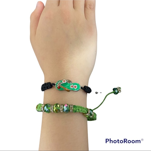Adjustable Braided Rope Bracelets 1 Flip Flop and 1 Green Sparkling Beads - Picture 2 of 7